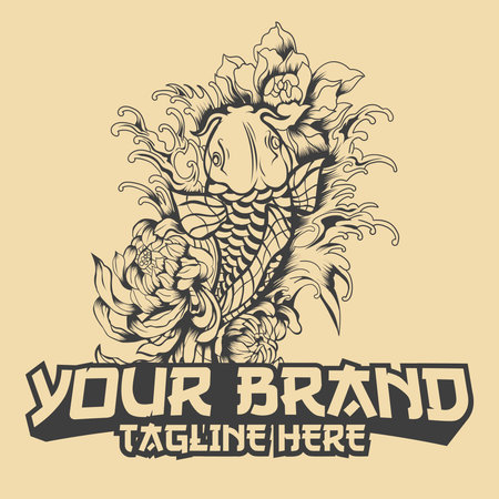 Japanese koi fish black and white template in vintage style isolated vector illustrationのイラスト素材