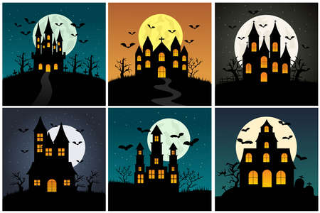 Collection of Halloween night background picture with creepy castle, bat and pumpkins. Vector elements for banner, greeting card halloween celebration, halloween party poster.のイラスト素材