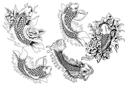Set of Japanese Koi Fish black and white template in vintage style isolated vector illustrationのイラスト素材