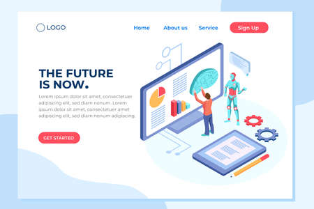 Human interactive tech interaction. Images of robot human working at office, can use for web banner, infographics, hero images. Flat isometric vector illustration isolated on white backgroundのイラスト素材