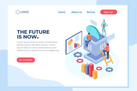 Human interactive tech interaction. Images of robot human working at office, can use for web banner, infographics, hero images. Flat isometric vector illustration isolated on white backgroundのイラスト素材