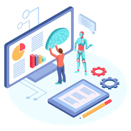 Human interactive tech interaction. Images of robot human working at office, can use for web banner, infographics, hero images. Flat isometric vector illustration isolated on white backgroundのイラスト素材