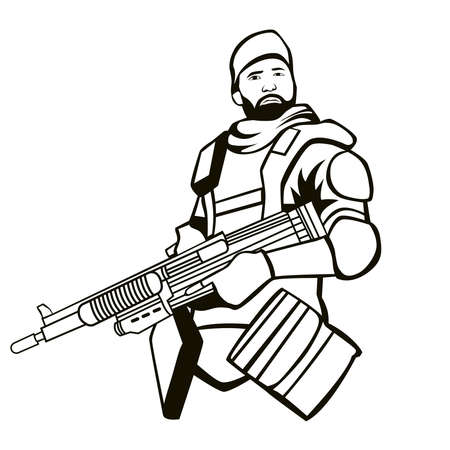 Soldier with riffle vector illustration in black and whiteのイラスト素材