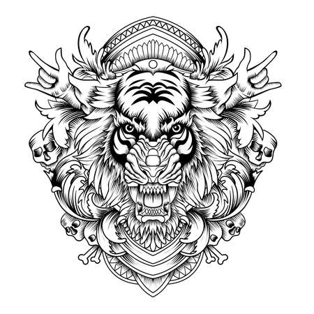 Tiger Head with Ornament tattoo style in black and whiteのイラスト素材