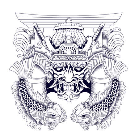 Oni Samurai with Japanese Fish tattoo style in black and whiteのイラスト素材