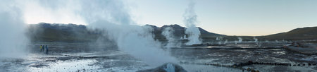 Panoramic shot at Tatio Geysers early morning at San Pedro de Atacama, Antofagasta - Chile. Desert....