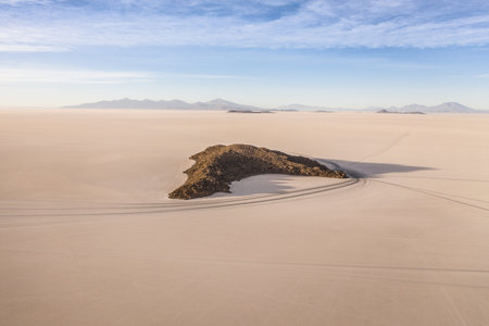 Aerial sun rise shot at Incahuasi Island on Uyuni salar. Bolivia.