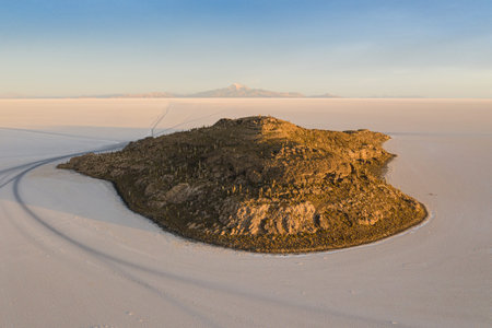 Aerial sun rise shot at Incahuasi Island on Uyuni salar. Bolivia.