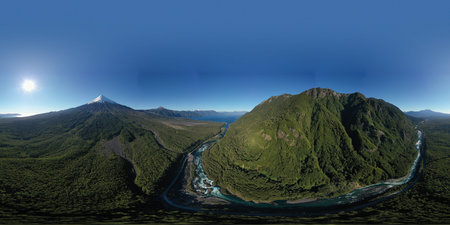Aerial 360 Pano landscape of Osorno Volcano and Falls of Petrohue - Puerto Varas, Chile, South...