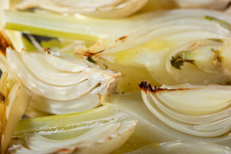 Closeup of roasted fennel. Macro texture background. Healthy food background.の写真素材