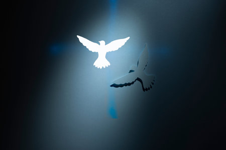 Two Doves silhouettes over a cross on dark background. Religious theme.