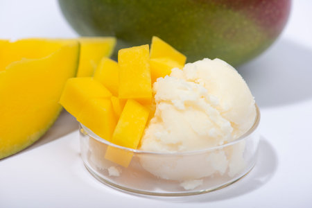 Mango butter and fresh mango fruit close up. Organic cosmetic, skin care, spa concept. Ingredient...