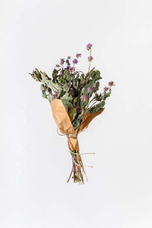 Bunch of dried herbs for tea isolated on white background. Close up.の写真素材