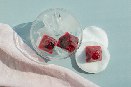 Blackcurrant for skin care. Ice cubes with blackcurrant. Home made skin treatment. Close up. Top...
