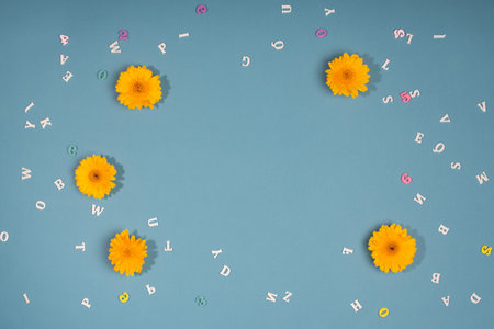 Yellow Gerbera flowers and wooden letters and numbers on blue background.