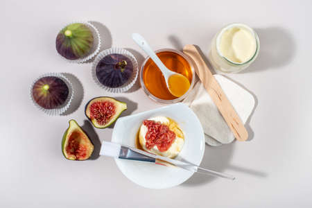 Fresh fig fruits facial mask recipe. Table top view.の写真素材