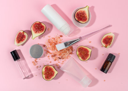Fresh fig fruits and cosmetic containers on pink background.の写真素材