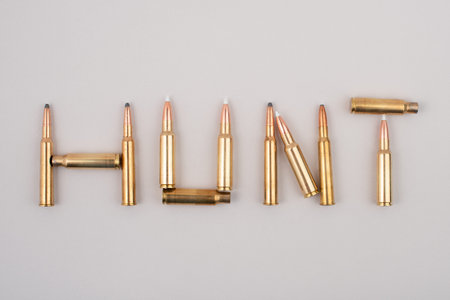 Word Hunt made with rifle bullets on grey background.