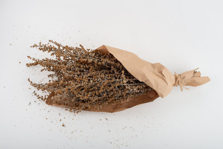 Dried Wormwood herb, Artemisia absinthium, wrapped in brown paper.の写真素材