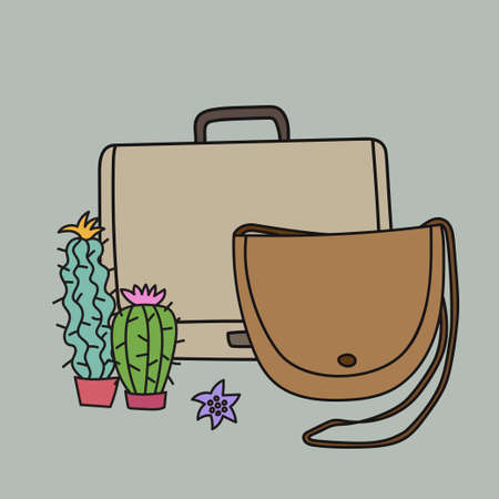 Cactus leather. Hand drawn handbags and Cactus plants on grey background. Eco-Friendly product.のイラスト素材
