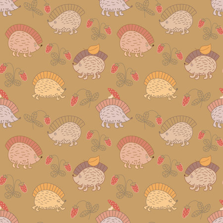 Hand drawn seamless pattern with Hedgehogs, leaves, firs, mushrooms.のイラスト素材