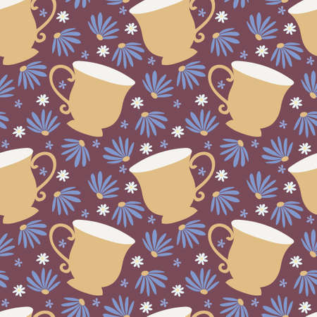 Tea cup seamless pattern. Brownish purple background with yellow tea cups.のイラスト素材