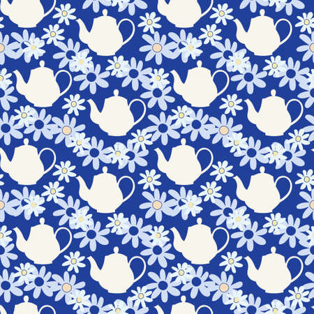 Teapot seamless pattern. Blue background with teapot silhouettes.のイラスト素材