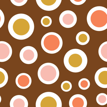 Abstract geometric circle seamless pattern. Pink and yellow circles on brown background.のイラスト素材