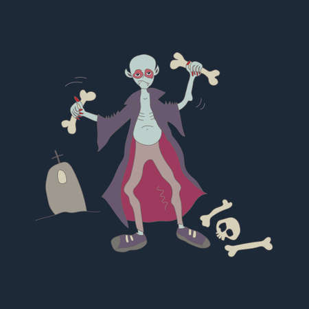 Vampire exercise with dumbbells. Vampire moves bones on black background.のイラスト素材