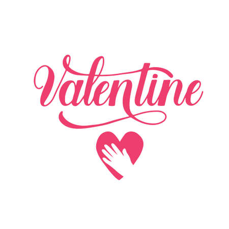 Be my Valentine lettering and hand touching red heart on white background.のイラスト素材