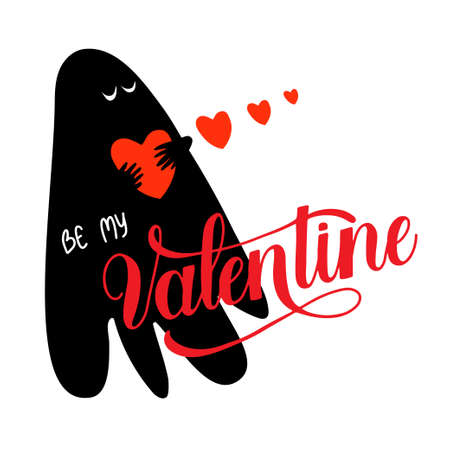 Be my Valentine lettering, black funny ghost and red hearts on white background.のイラスト素材