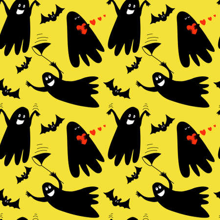 Halloween seamless pattern with doodle cute ghosts on yellow background.のイラスト素材