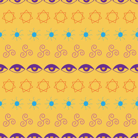 Esoteric seamless striped pattern with hand drawn magic symbols on yellow background.のイラスト素材