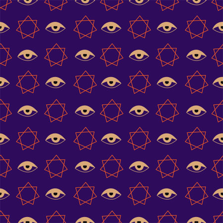 Esoteric seamless pattern with hand drawn magic symbols on purple background.