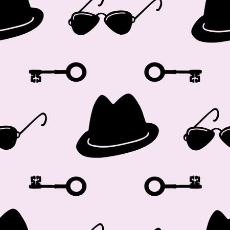 Detective, spy, mafia seamless pattern. Black items on pink background.のイラスト素材