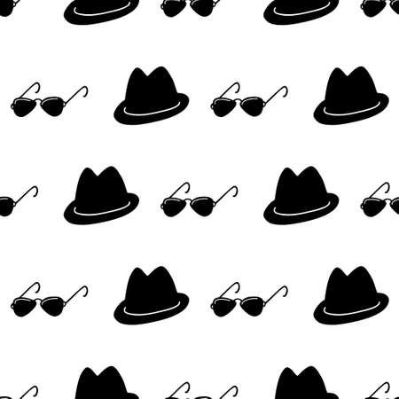 Detective, spy, mafia seamless pattern. Silhouette of black hat and sunglasses in a row on white background.のイラスト素材