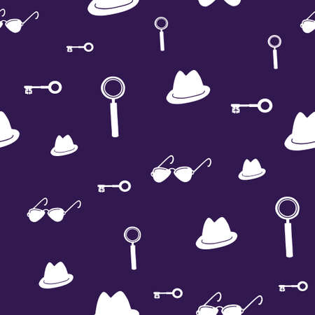 Detective, spy, mafia seamless pattern. White items on purple background.のイラスト素材