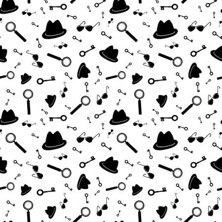 Detective, spy, mafia seamless pattern. Black items on white background.のイラスト素材