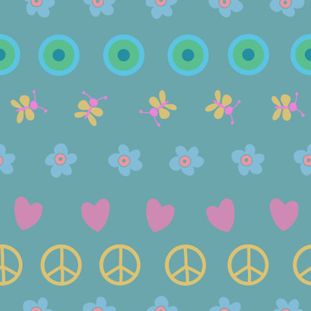 Pacifist Peace sign, butterfly, heart and flowers in a row on light blue background.のイラスト素材