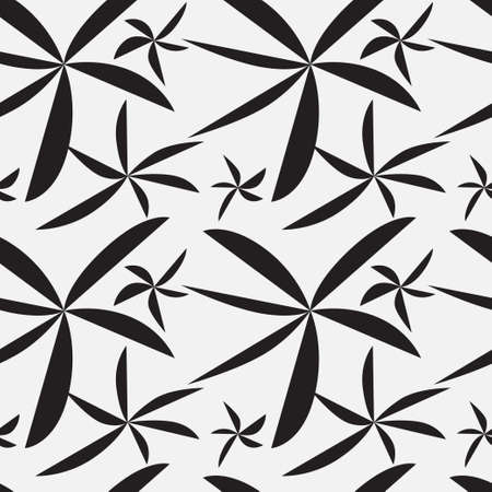 Minimal leaves or windmill shape seamless pattern. Black and white abstract silhouette background.のイラスト素材