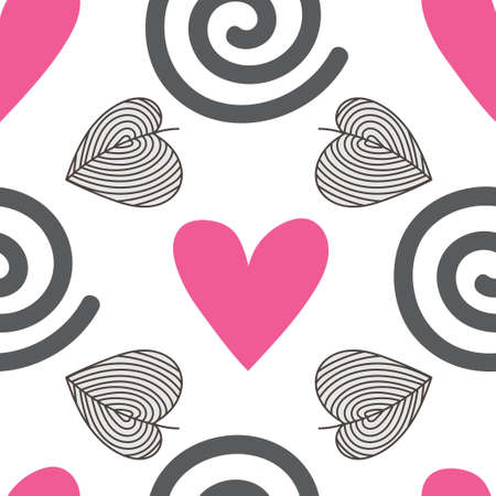 Heart shape, leaves and spiral geometric pattern on white background.のイラスト素材