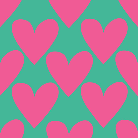 Pink heart on green background seamless pattern.