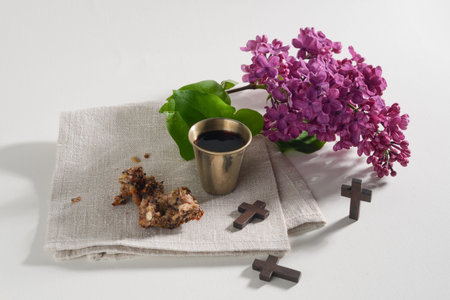 The Feast of Corpus Christi Concept. Bread and red wine symbols of Jesus Christ blood and body.の写真素材