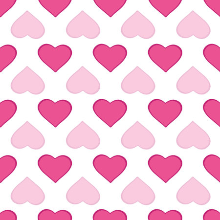 Seamless pattern with heart shape pink elements on white background.
