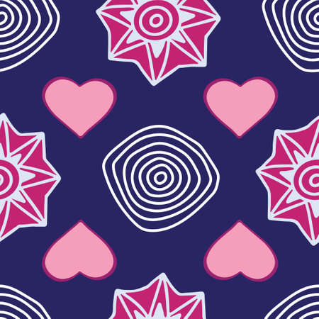 Abstract seamless pattern with concentric circles, stars and hearts on dark blue background.のイラスト素材