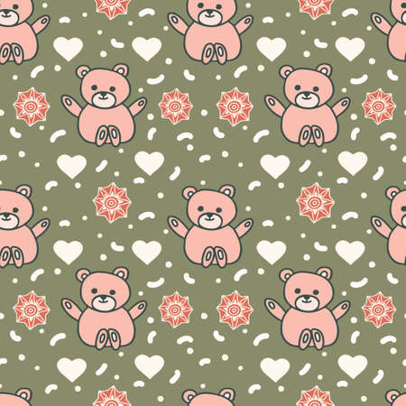 Seamless pattern with Teddy bear, hearts and stars on green background.のイラスト素材