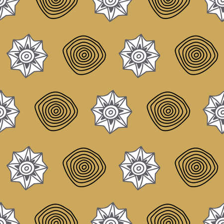 Abstract seamless pattern with concentric circles and stylized stars on mustard yellow background.のイラスト素材