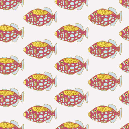 Colourful fishes on pale pink background, seamless pattern.のイラスト素材