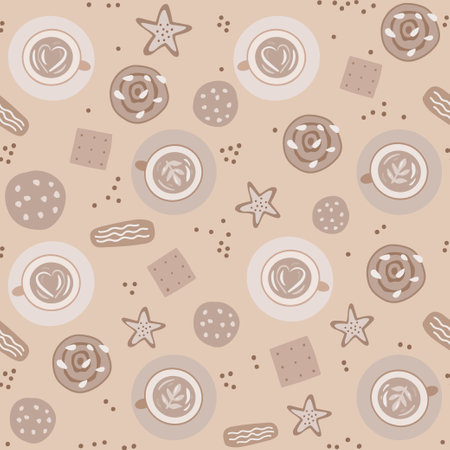 Coffee break pattern. Monochromatic seamless background. Hand drawn illustration in beige colours.のイラスト素材