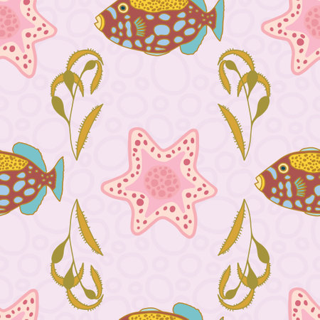 Fish, seaweed and sea star seamless pattern on pink textured background.のイラスト素材